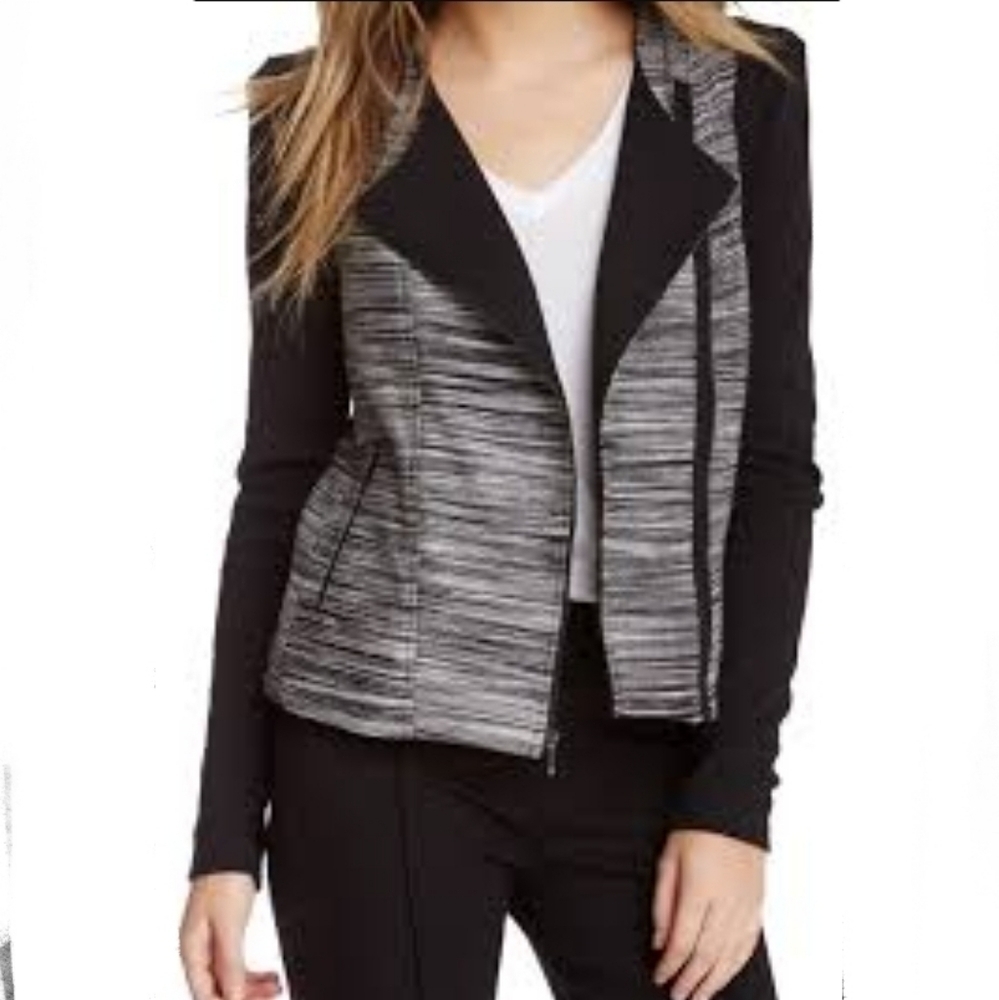 Three Dots‎ Anthropologie Moto Contrast Jacket Black White Fabric Size S